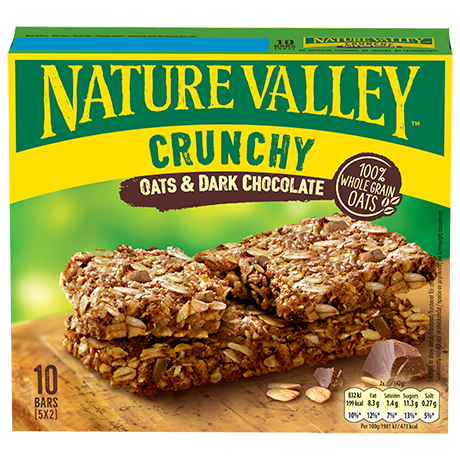 Μπάρες δημητριακών Nature Valley Crunchy Oats & Dark Chocolate, κουτί 10 μπάρες, με μπάρες και κομμάτια σοκολάτας.