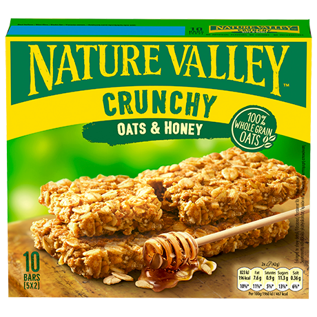 Κουτί με μπάρες δημητριακών Nature Valley Crunchy Oats & Honey με 10 μπάρες, σε πρώτο πλάνο το δοχείο μελιού.